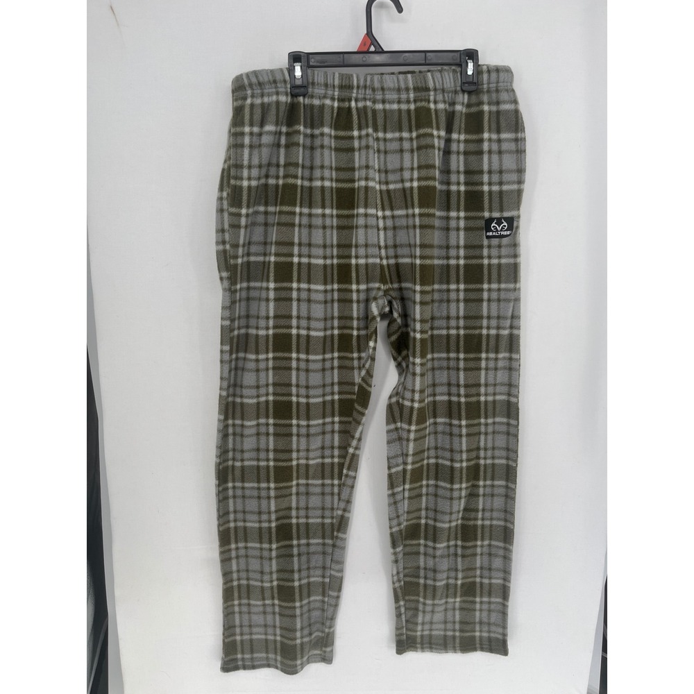 Realtree Loungewear Fleece Pajama Pants Mens 2XL Plaid Olive Green Gray Sleep